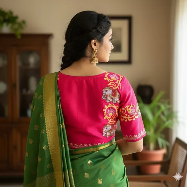 Elegant_Bangalore_Silk_Blouse_With_Antique_Handcrafted_Elephant_And_Lotus_Motifs