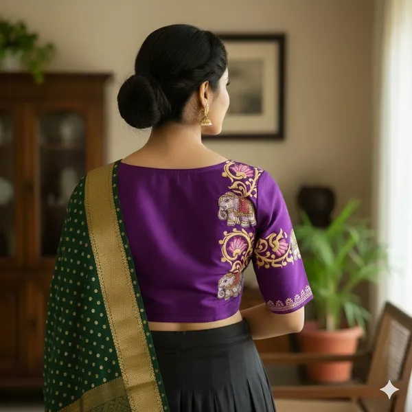 Elegant_Bangalore_Silk_Blouse_With_Antique_Handcrafted_Elephant_And_Lotus_Motifs