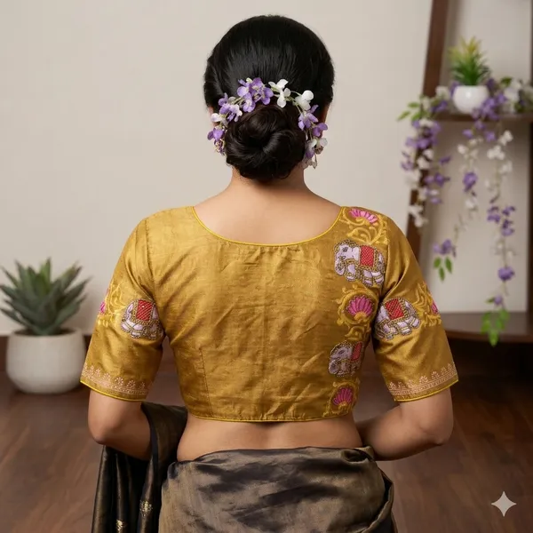 Elegant_Bangalore_Silk_Blouse_With_Antique_Handcrafted_Elephant_And_Lotus_Motifs