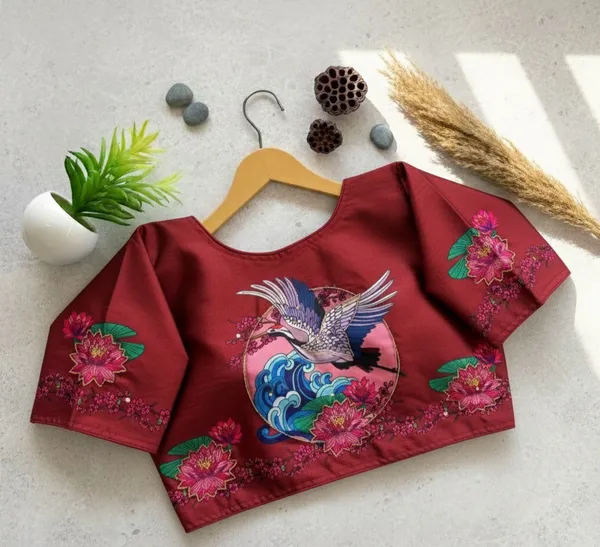 Handcrafted_Crane_And_Lotus_Bangalore_Silk_Readymade_Saree_Blouse