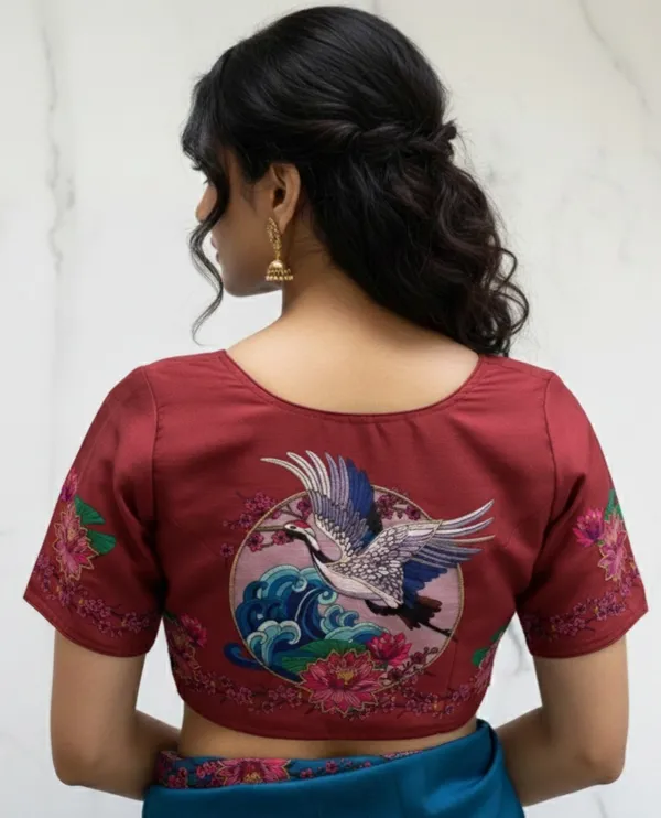 Handcrafted_Crane_And_Lotus_Bangalore_Silk_Readymade_Saree_Blouse