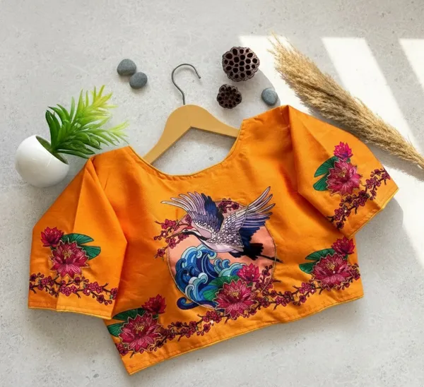 Handcrafted_Crane_And_Lotus_Bangalore_Silk_Readymade_Saree_Blouse