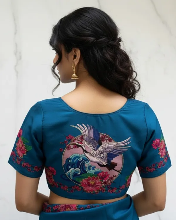 Handcrafted_Crane_And_Lotus_Bangalore_Silk_Readymade_Saree_Blouse