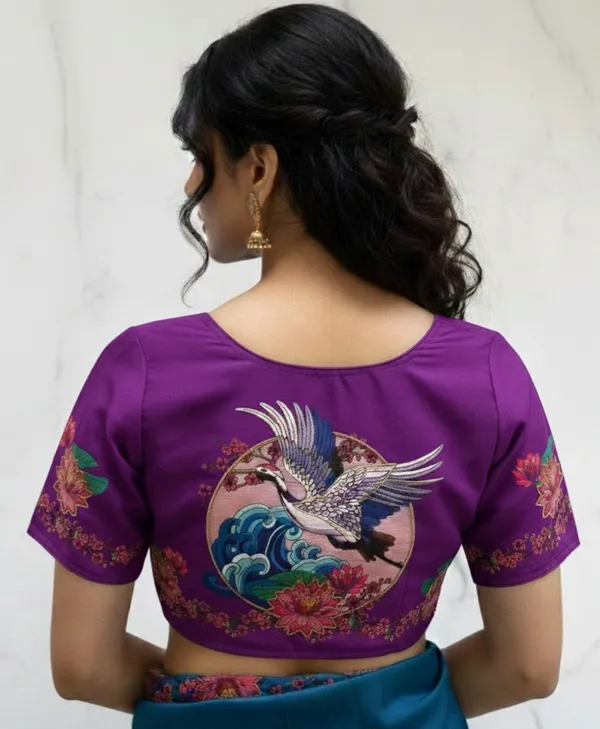 Handcrafted_Crane_And_Lotus_Bangalore_Silk_Readymade_Saree_Blouse