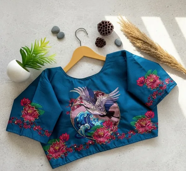 Handcrafted_Crane_And_Lotus_Bangalore_Silk_Readymade_Saree_Blouse