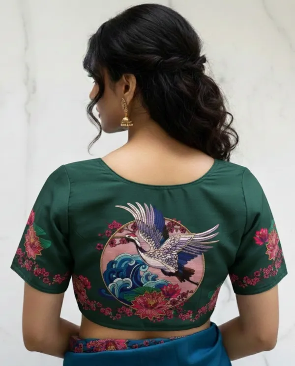 Handcrafted_Crane_And_Lotus_Bangalore_Silk_Readymade_Saree_Blouse