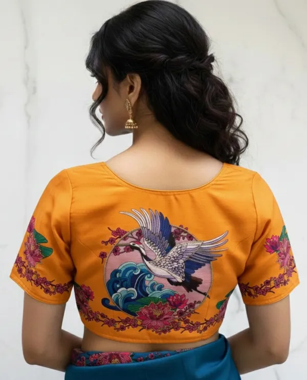 Handcrafted_Crane_And_Lotus_Bangalore_Silk_Readymade_Saree_Blouse