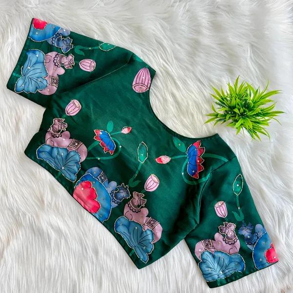 Handcrafted_Pichwai_Kamal_And_Animal_Bangalore_Silk_Readymade_Blouse