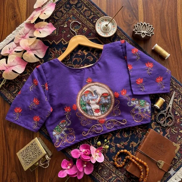 Premium_Bangalore_Silk_Printed_Blouse_With_Antique_Handcrafted_Work