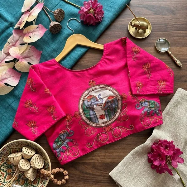 Premium_Bangalore_Silk_Printed_Blouse_With_Antique_Handcrafted_Work