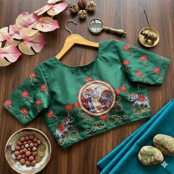 Premium_Bangalore_Silk_Printed_Blouse_With_Antique_Handcrafted_Work