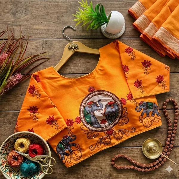 Premium_Bangalore_Silk_Printed_Blouse_With_Antique_Handcrafted_Work