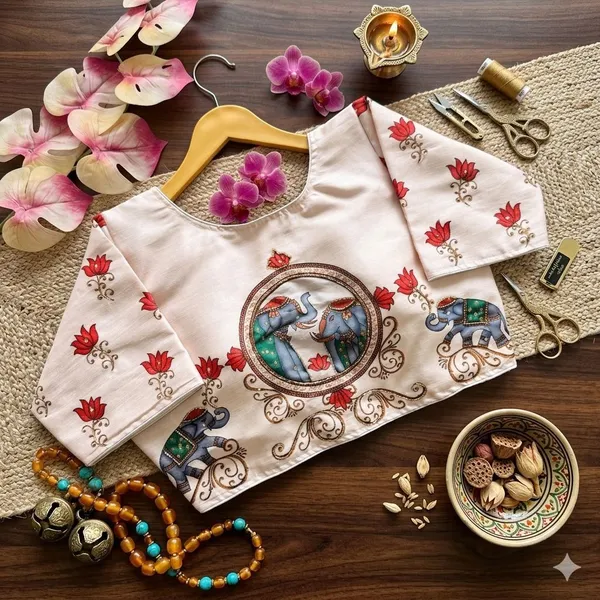 Premium_Bangalore_Silk_Printed_Blouse_With_Antique_Handcrafted_Work