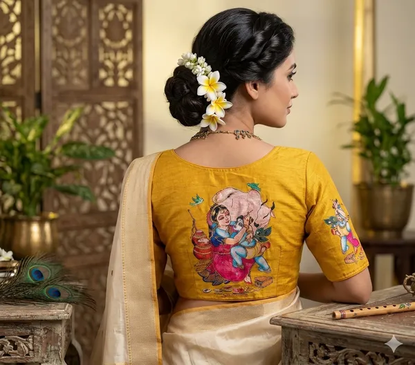 Premium_Hand_Painted_Bangalore_Silk_Blouse_With_Traditional_Radha_Krishna_Motifs