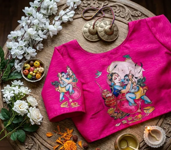 Premium_Hand_Painted_Bangalore_Silk_Blouse_With_Traditional_Radha_Krishna_Motifs