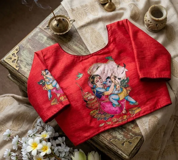 Premium_Hand_Painted_Bangalore_Silk_Blouse_With_Traditional_Radha_Krishna_Motifs