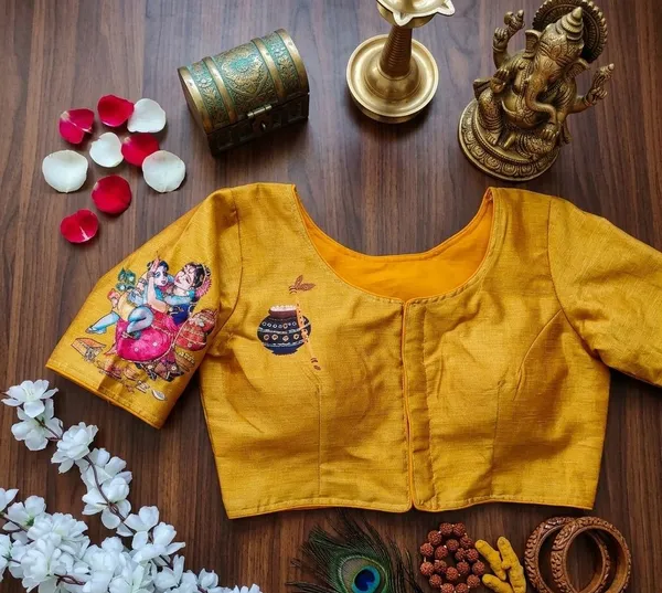 Premium_Hand_Painted_Bangalore_Silk_Blouse_With_Traditional_Radha_Krishna_Motifs