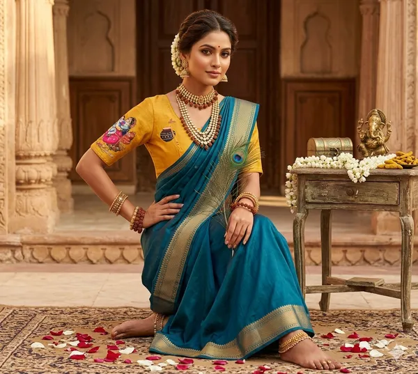 Premium_Hand_Painted_Bangalore_Silk_Blouse_With_Traditional_Radha_Krishna_Motifs