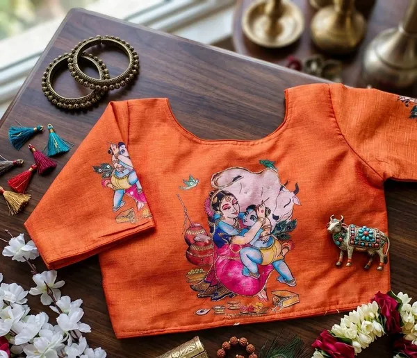 Premium_Hand_Painted_Bangalore_Silk_Blouse_With_Traditional_Radha_Krishna_Motifs