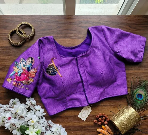 Premium_Hand_Painted_Bangalore_Silk_Blouse_With_Traditional_Radha_Krishna_Motifs