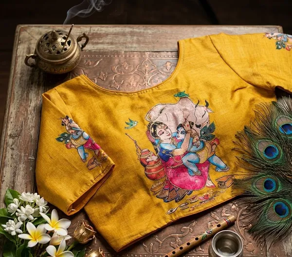 Premium_Hand_Painted_Bangalore_Silk_Blouse_With_Traditional_Radha_Krishna_Motifs