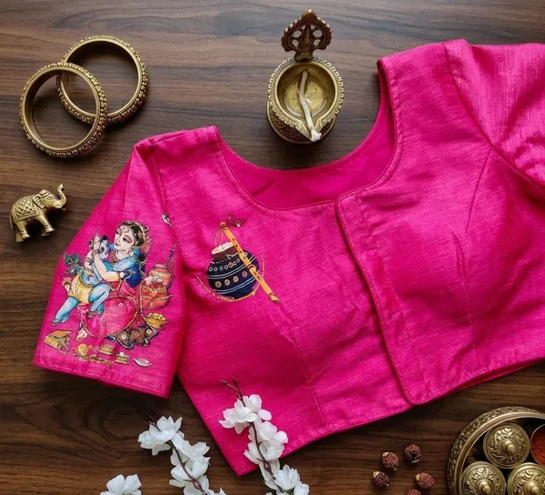 Premium_Hand_Painted_Bangalore_Silk_Blouse_With_Traditional_Radha_Krishna_Motifs