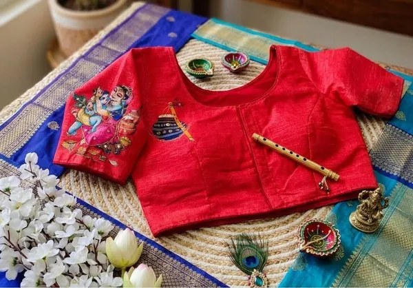 Premium_Hand_Painted_Bangalore_Silk_Blouse_With_Traditional_Radha_Krishna_Motifs