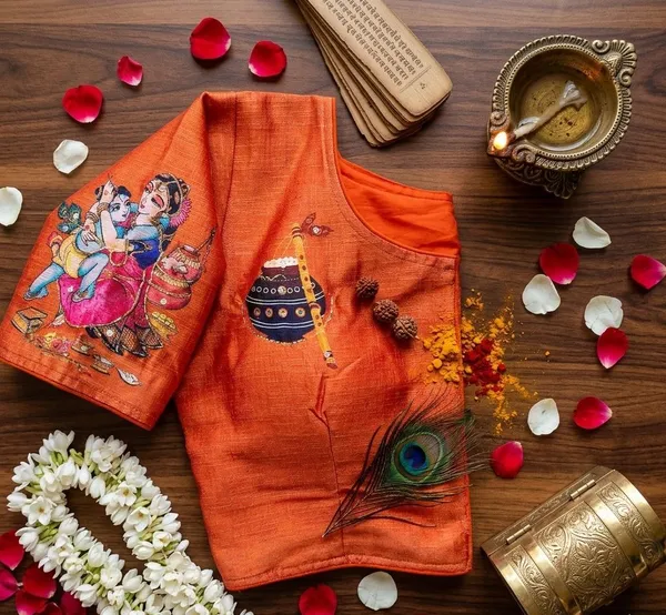 Premium_Hand_Painted_Bangalore_Silk_Blouse_With_Traditional_Radha_Krishna_Motifs