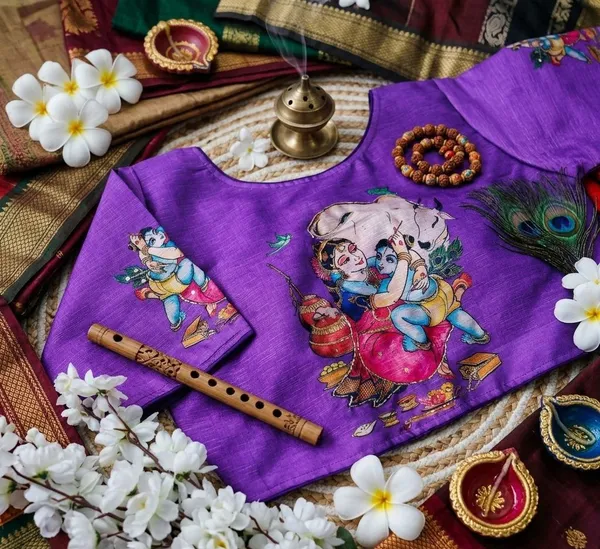 Premium_Hand_Painted_Bangalore_Silk_Blouse_With_Traditional_Radha_Krishna_Motifs