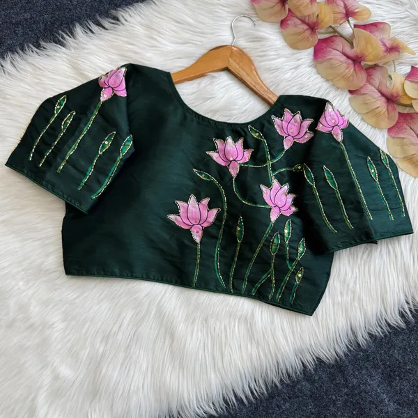 Semi-Cotton_Blouse_with_Antique_Handcrafted_Work_&_Lotus_Print