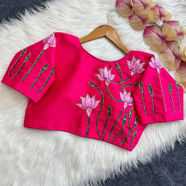 Semi-Cotton_Blouse_with_Antique_Handcrafted_Work_&_Lotus_Print