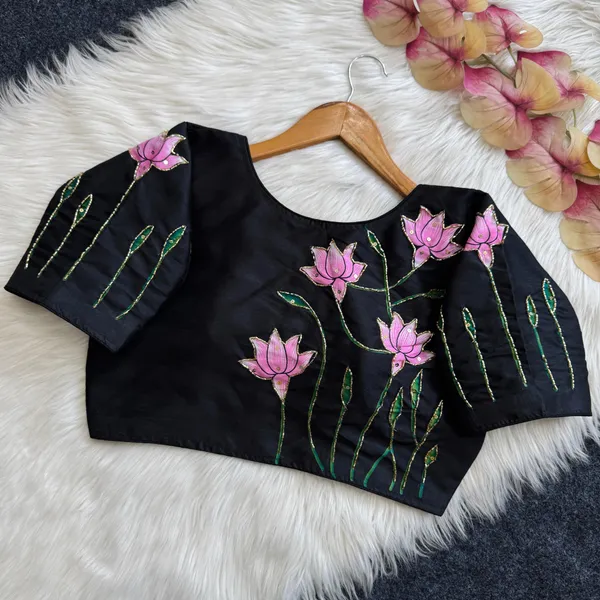 Semi-Cotton_Blouse_with_Antique_Handcrafted_Work_&_Lotus_Print