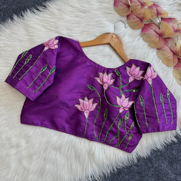 Semi-Cotton_Blouse_with_Antique_Handcrafted_Work_&_Lotus_Print