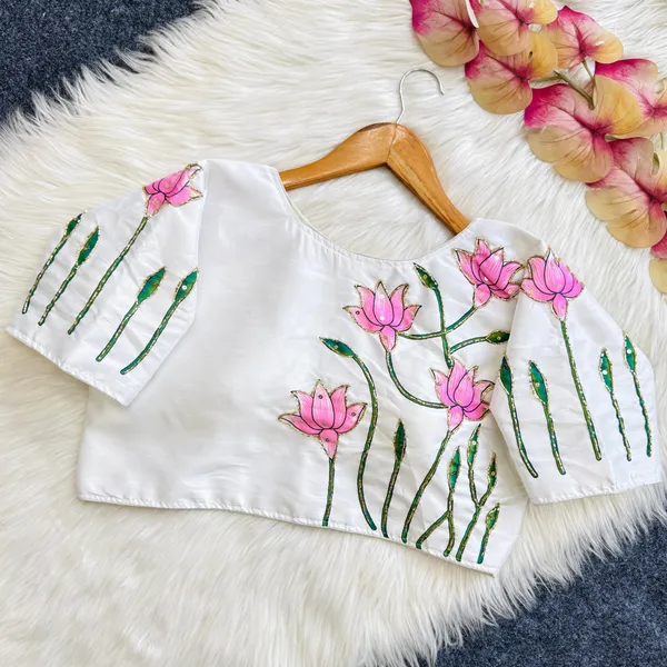 Semi-Cotton_Blouse_with_Antique_Handcrafted_Work_&_Lotus_Print