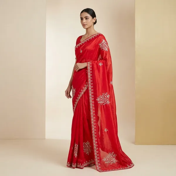 Red_Chiffon_Floral_Embroidered_Saree_For_Women