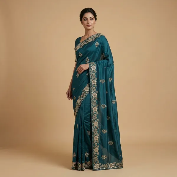 Teal_Embroidered_Floral_Border_Saree_For_Women