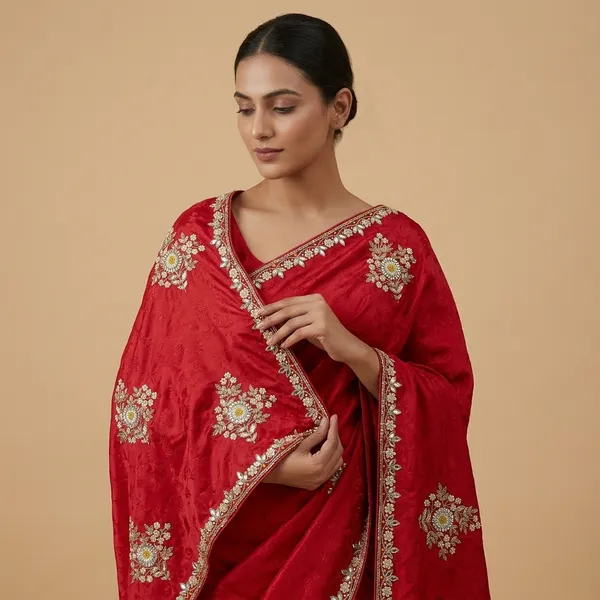 Red_Georgette_Floral_Embellished_Saree_For_Women