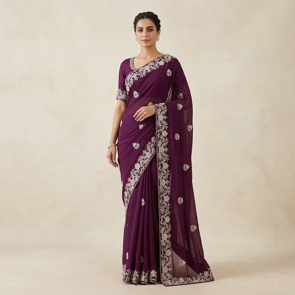 Purple_Georgette_Embroidered_Saree_With_Silver_Zari_Work_For_Women