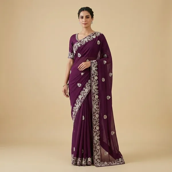 Purple_Georgette_Embroidered_Saree_With_Silver_Zari_Work_For_Women