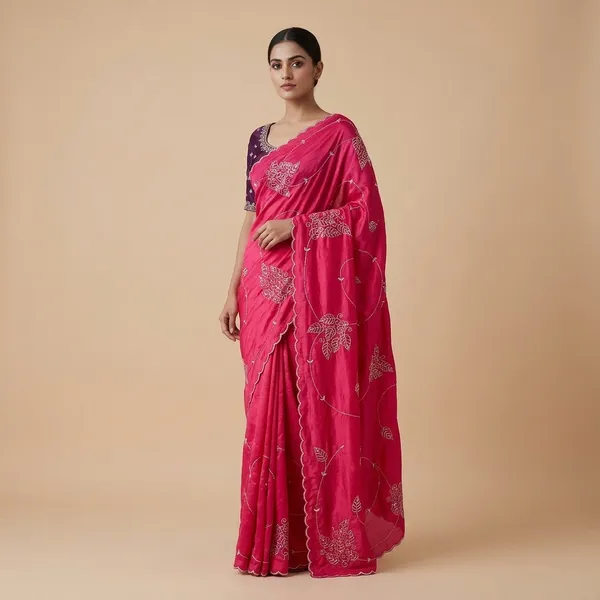 Red_&_Purple_Chiffon_Embroidered_Saree_With_Blouse_Piece