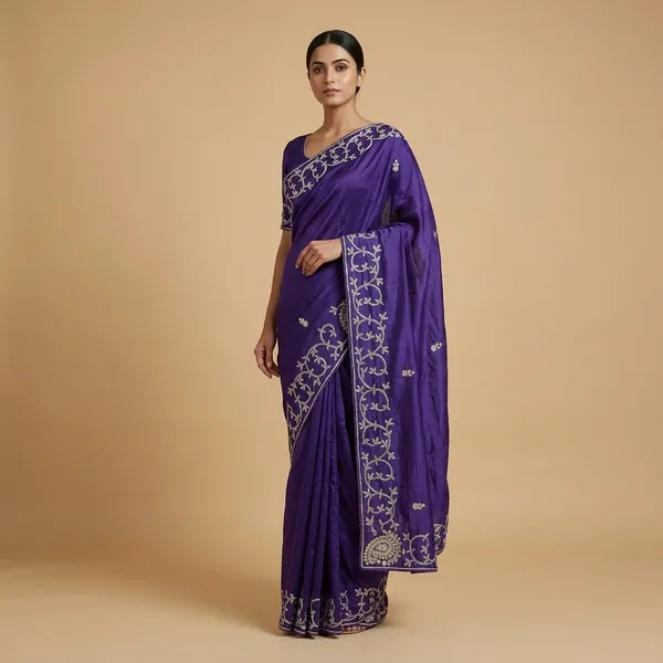 Purple_Silk_Blend_Embroidered_Saree_With_Silver_Zari_Work_For_Women
