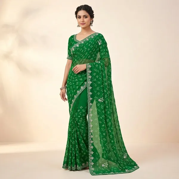Green_Georgette_Bandhani_Embroidered_Saree_With_Blouse_Piece_For_Women