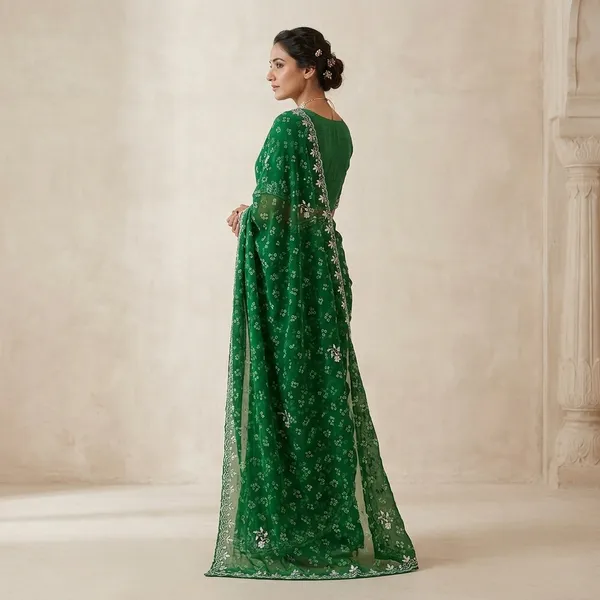 Green_Georgette_Bandhani_Embroidered_Saree_With_Blouse_Piece_For_Women