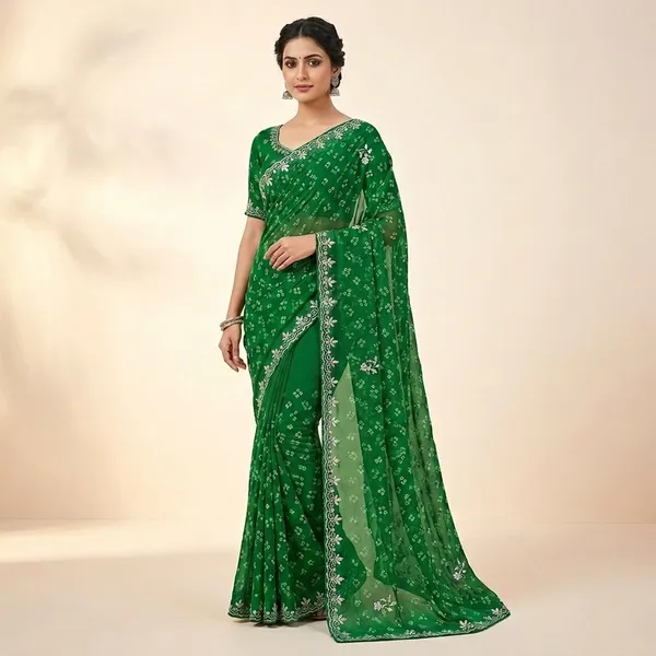 Green_Georgette_Bandhani_Embroidered_Saree_With_Blouse_Piece_For_Women