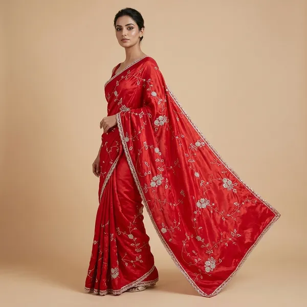 Red_Embroidered_Floral_Saree_With_Golden_Detailing_For_Women