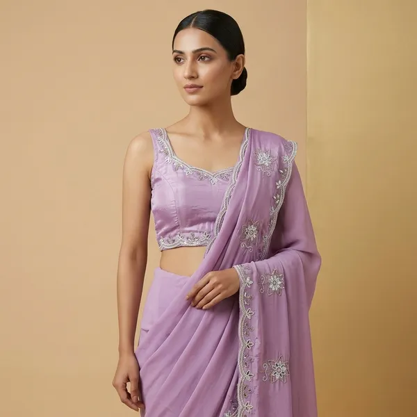 Purple_Organza_Embroidered_Saree_With_Silver_Detailing_For_Women
