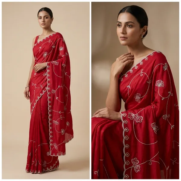 Red_Silk_Floral_Embroidered_Saree_With_Scalloped_Border_For_Women