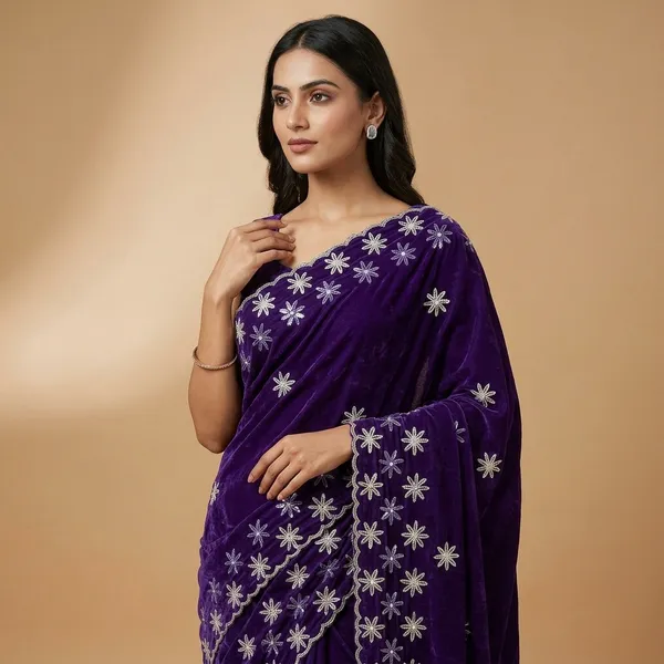 Purple_Georgette_Embroidered_Star_Pattern_Saree_For_Women