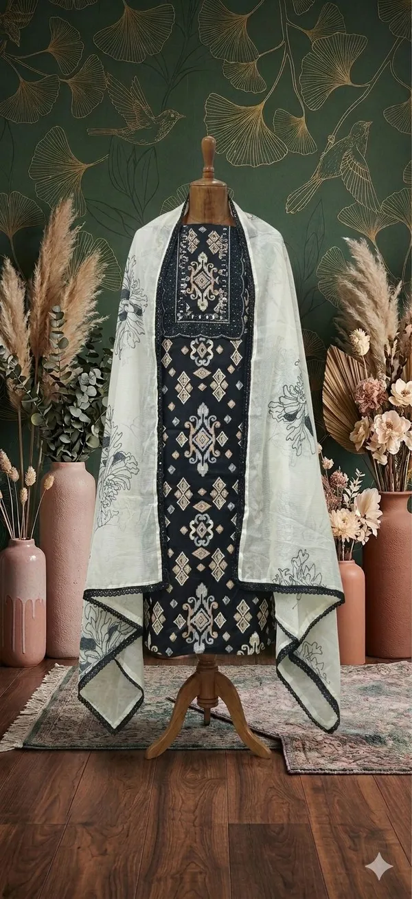 Black_Cotton_Printed_Unstitched_Suit_Set_For_Women