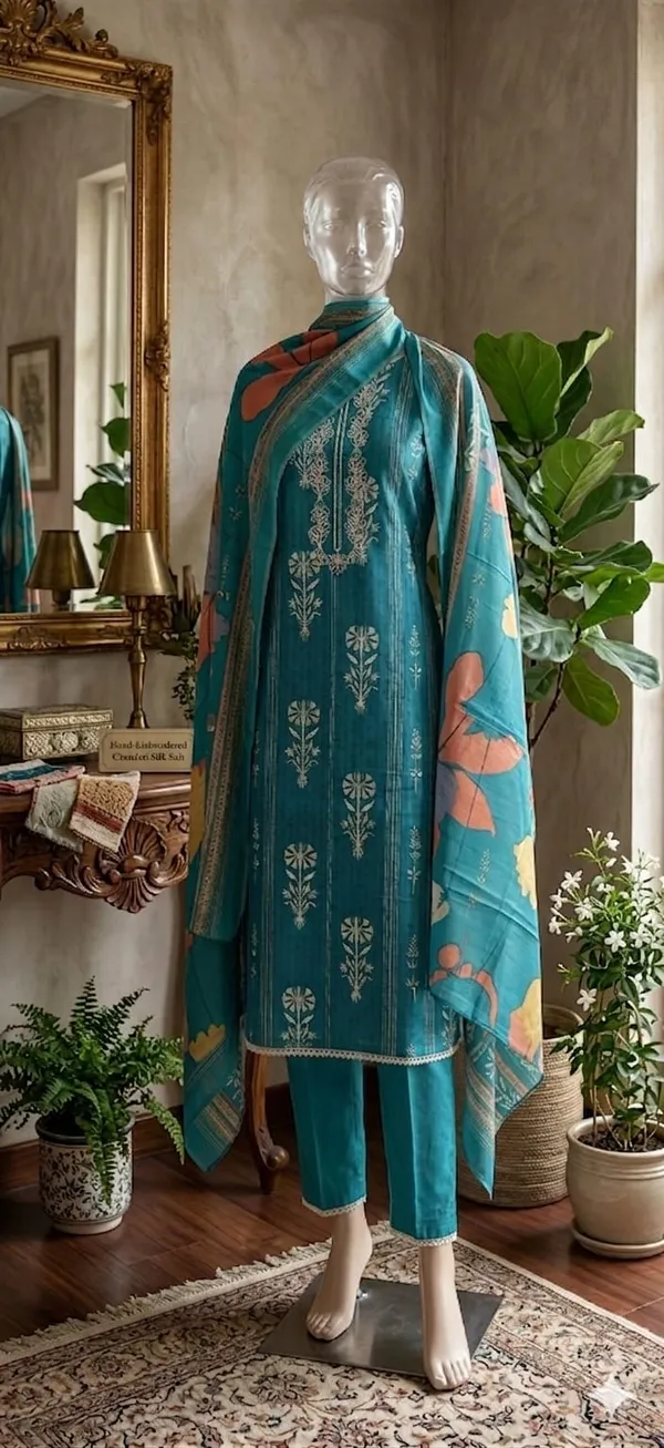 Teal_Blue_Glace_Cotton_Straight_Cut_Unstitched_Suit_Set_For_Women